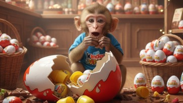 Baby Monkey going shopping in Kinder Joy eggs store and eat Chocolate
