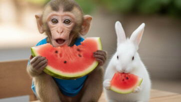 Baby Monkey vs puppy eat Eyeballs vs Rabbit harvest fruit in the garden