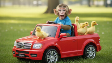 Baby Monkey in the truck helps duckling So cute