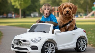 Baby monkey and puppy go to a picnic to eat Lunch