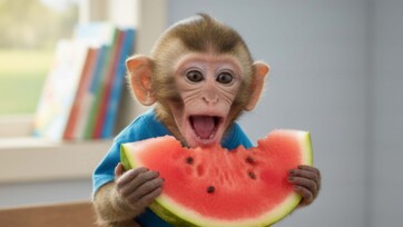 Baby Monkey eat Wetermelon in the Garden