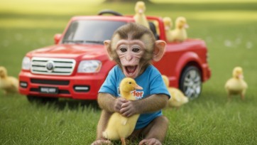Monkey Baby rescues ducklings colorful car